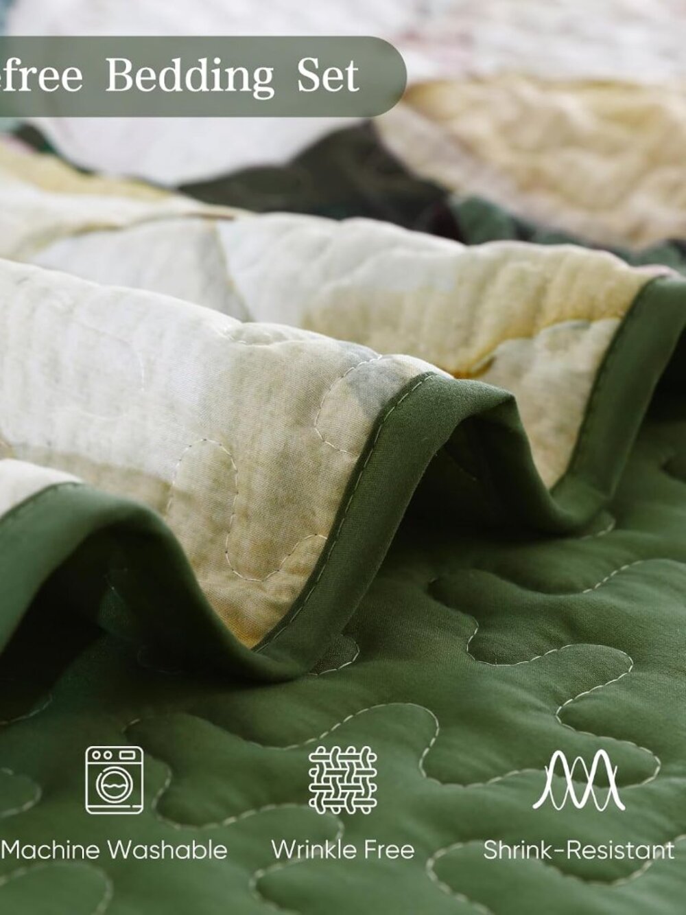 Floral Quilt Queen Size - 3 Pieces Green Quilt Botanical Bedspread | Soft Microf - Picture 6 of 8
